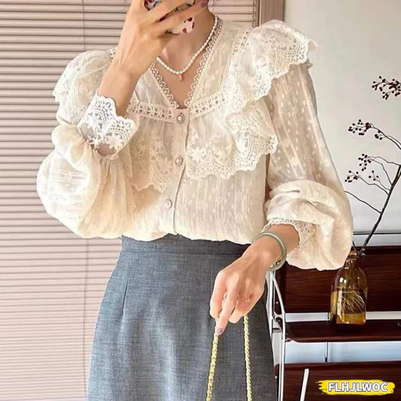 Blusa Blanca Volantes Elegante Manga Larga Mujer Oficina FLHJLWOC