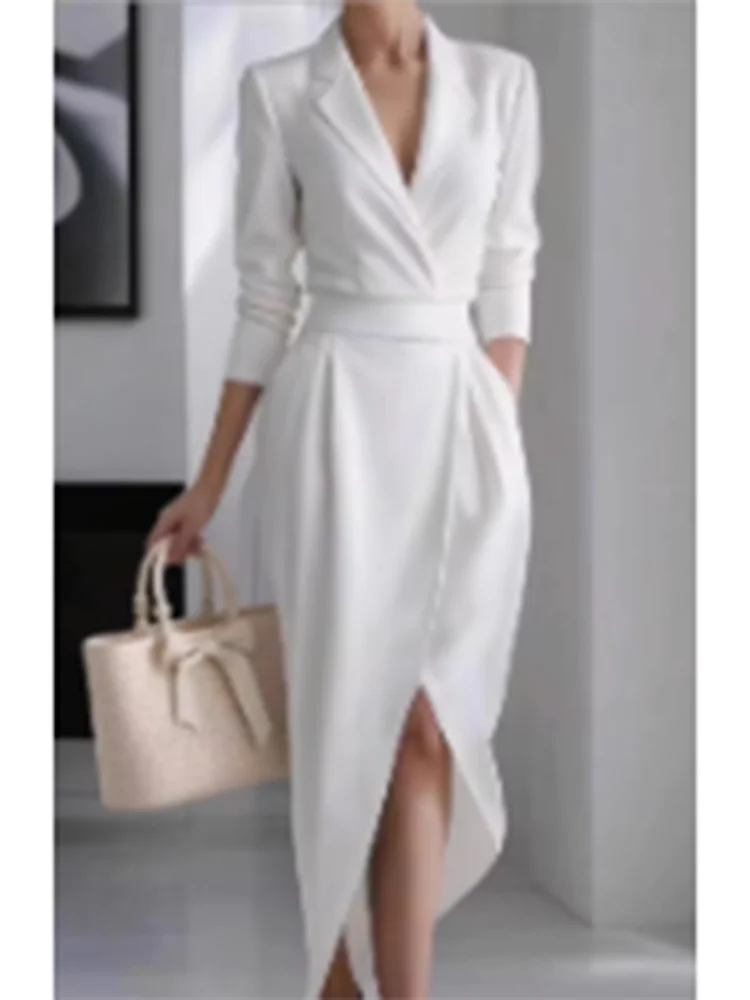 Vestido Elegante Oficina Mujer Cuello V Manga Larga - Moda Casual