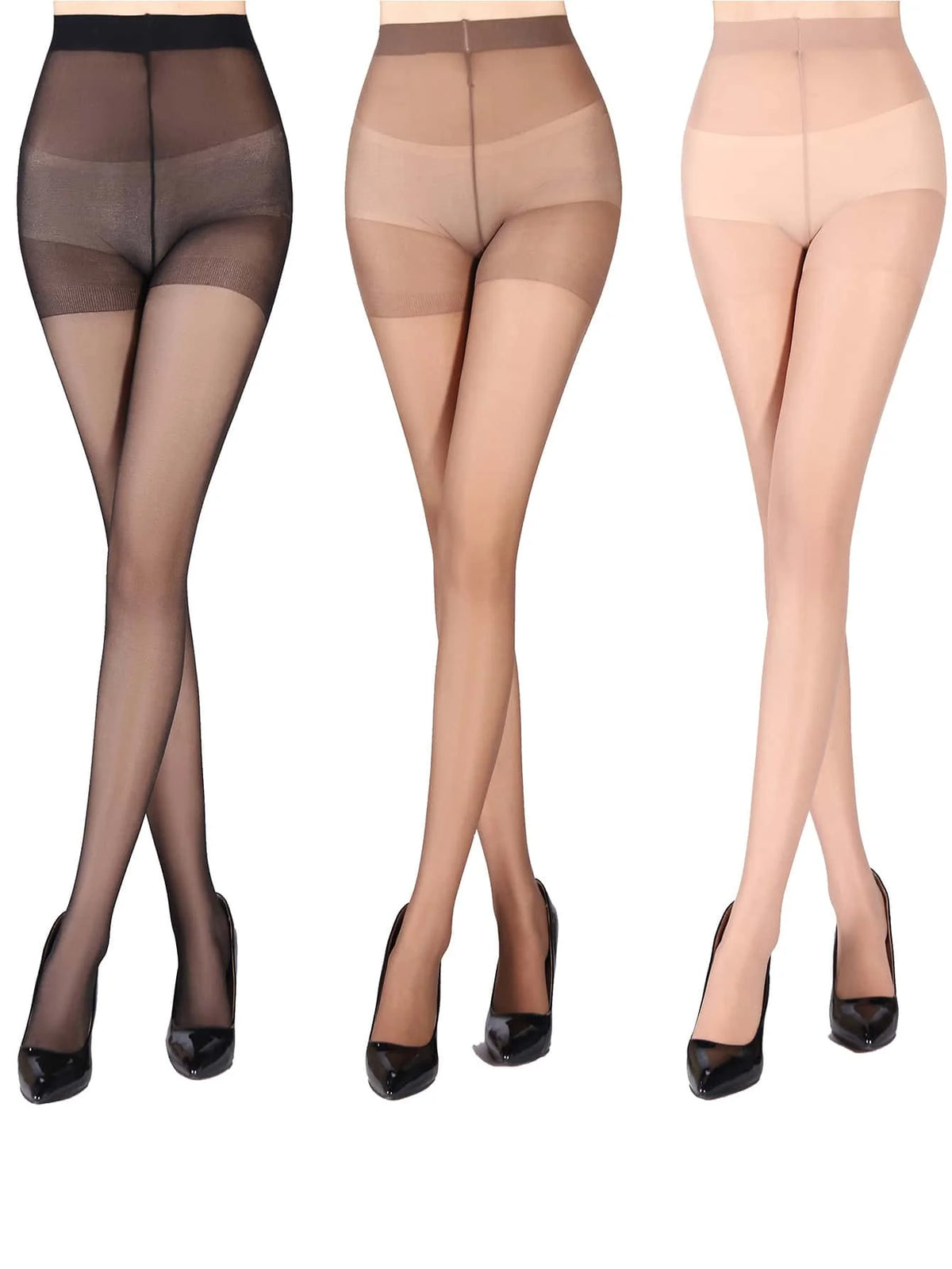 Three pairs of women's ultra-sheer nylon pantyhose from Corporación Turística displayed in the image.