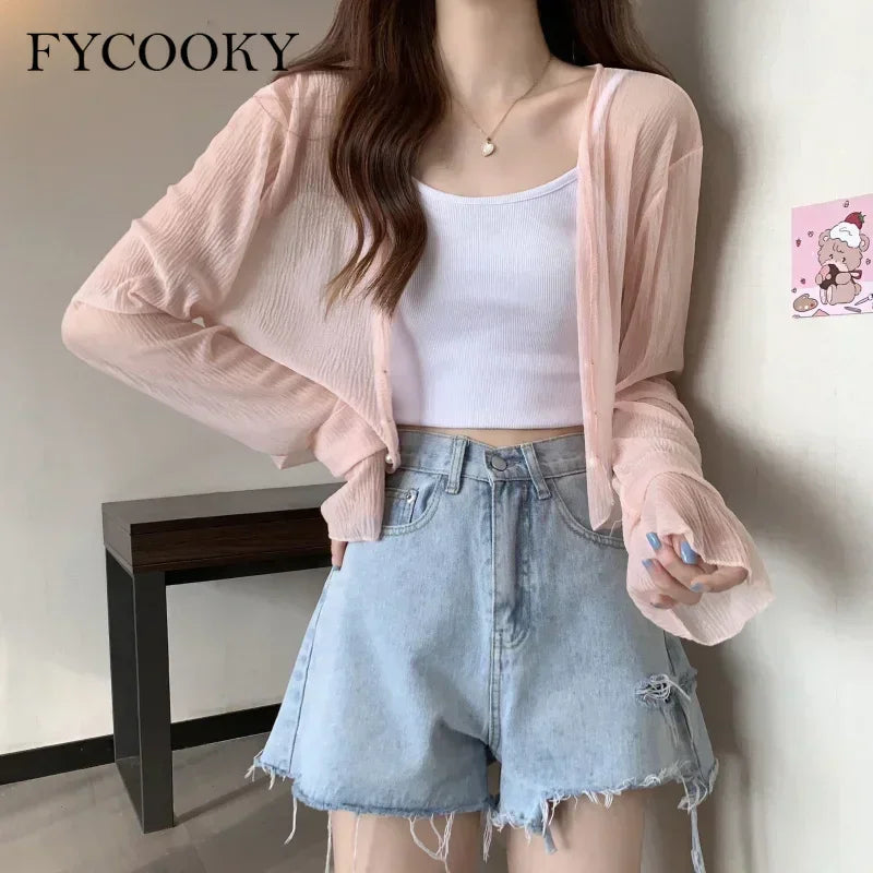 Cárdigan Gasa Hada Verano Mujer FYCOOKY Manga Larga Protector Solar (Rosa, Blanco, Negro, Melocotón)