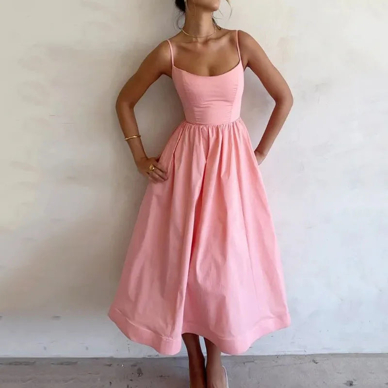 Vestido Midi Rosa Vacaciones Mujer 2026 Elegante Tirantes Finos Línea A