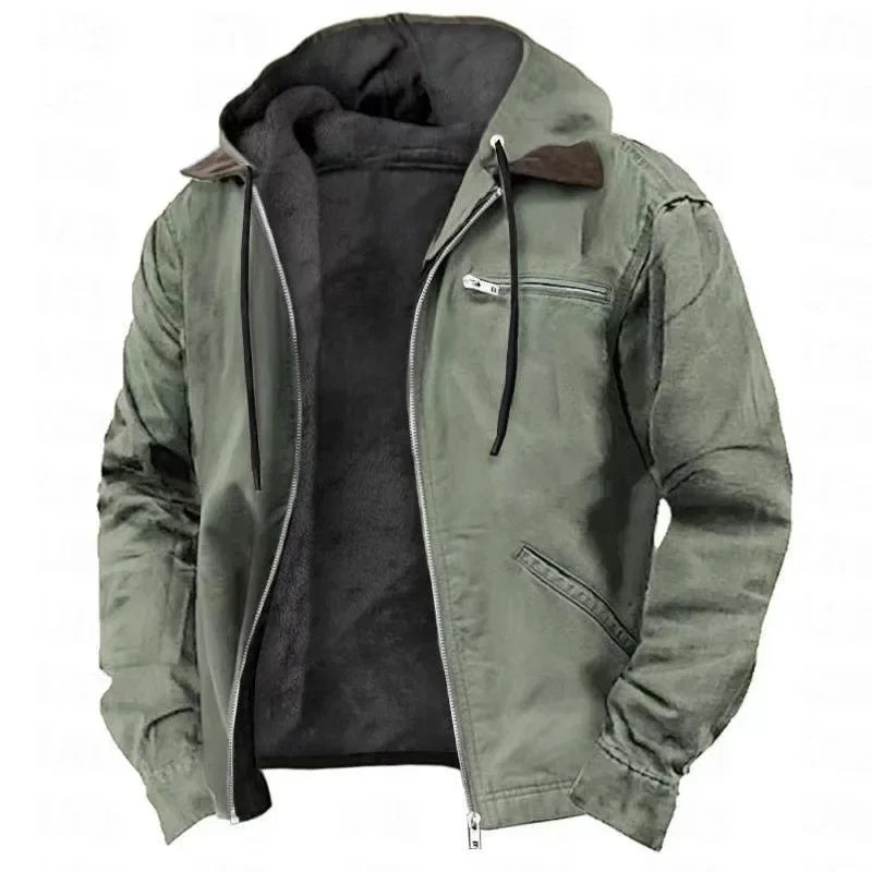 Chaqueta Invierno Hombre Lana Capucha Bolsillo Cremallera Cálida