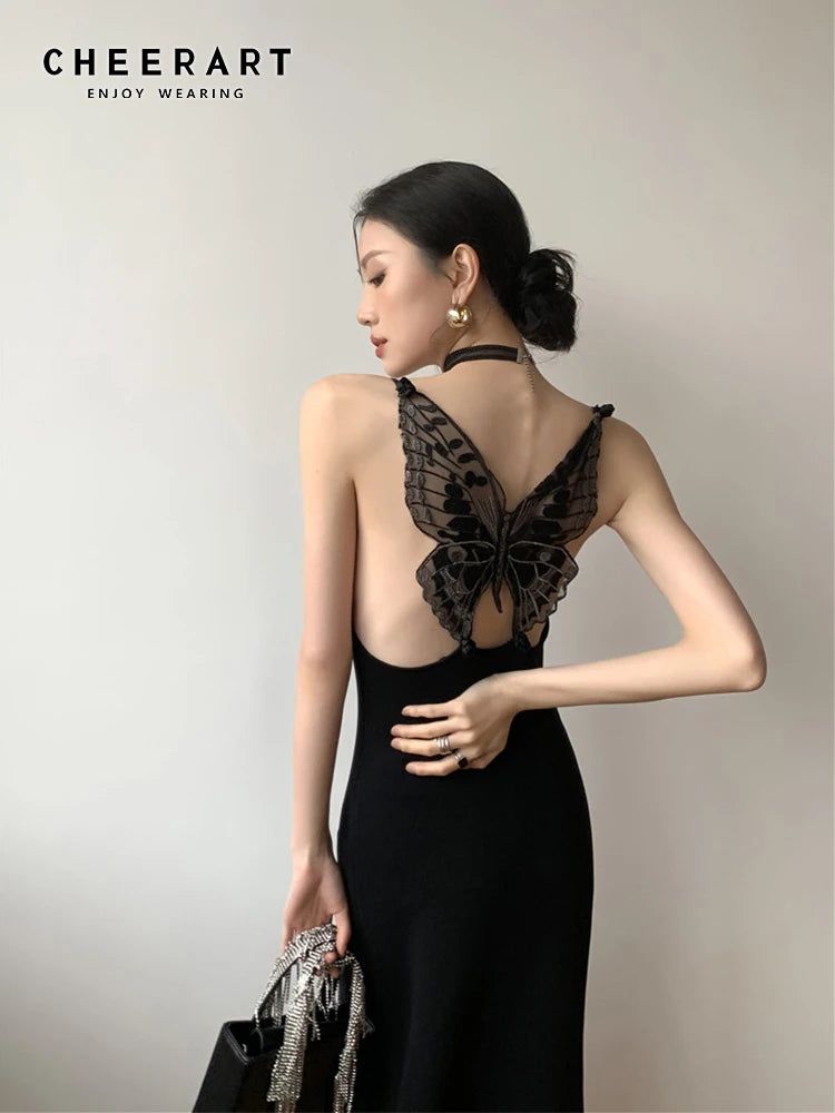 Vestido Verano Mariposas CHEERART - Espalda Descubierta Sexy Negro