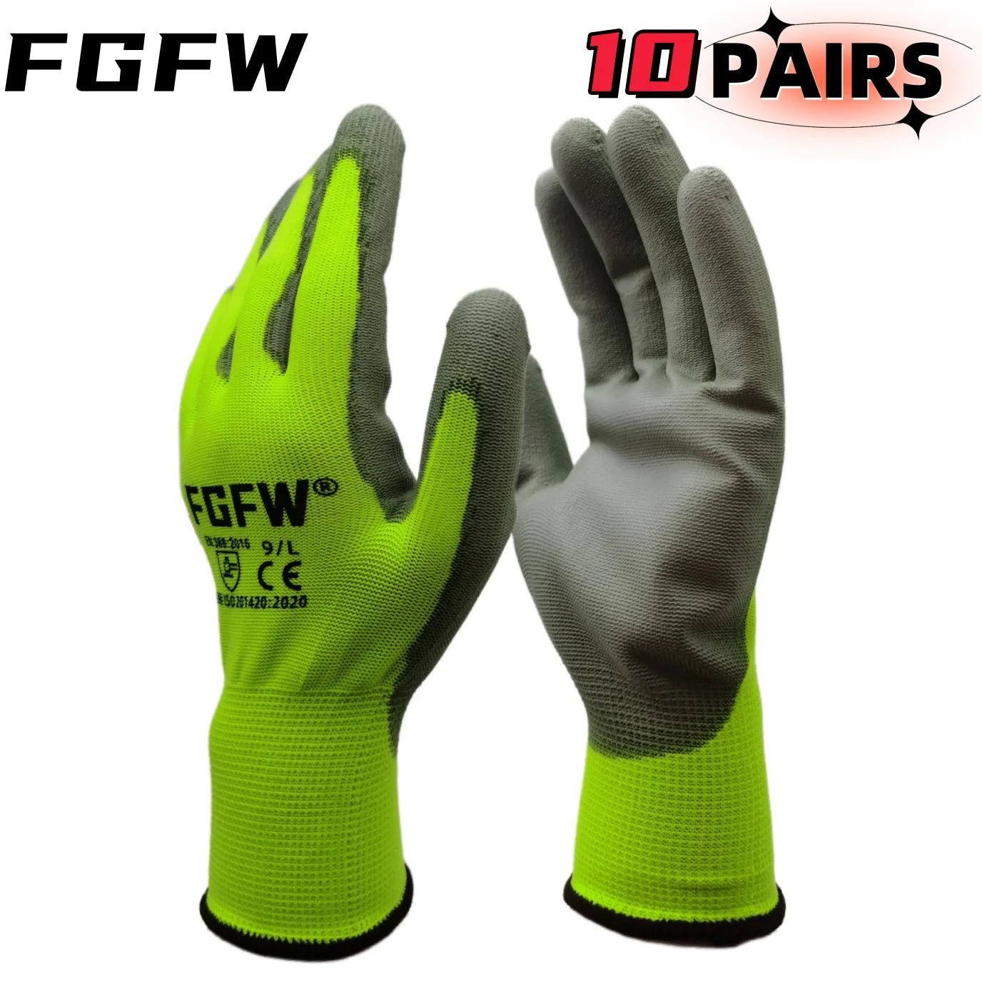 10 Pares Guantes Trabajo PU Certif. EN 388/ISO20471 Seguridad Tallas S-XL
