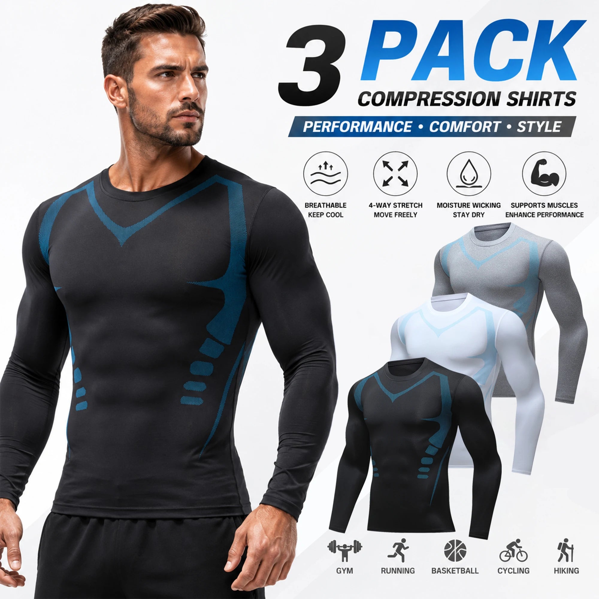 3 Camisetas Compresión Hombre Manga Larga Gimnasio Secado Rápido