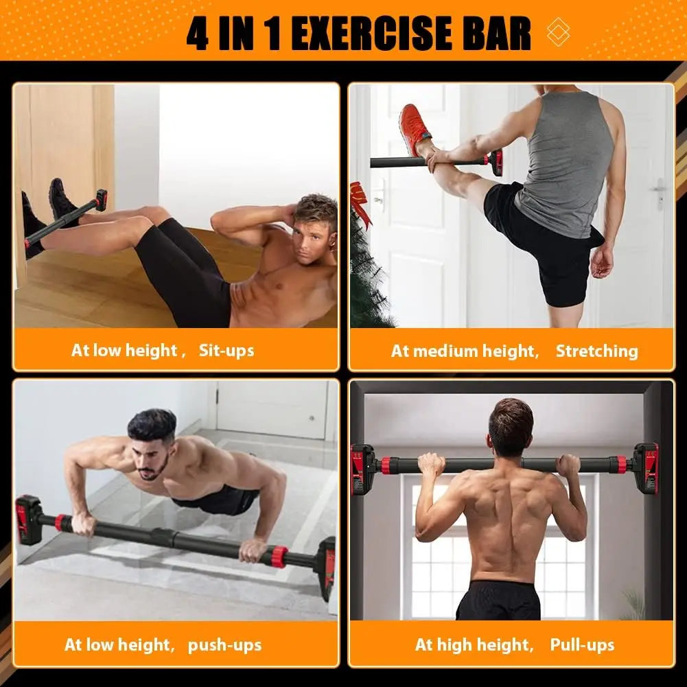 Barra de dominadas ajustable para puerta sin tornillos, barra de dominadas con nivelador, carga máxima de 440 libras, ancho de 27.6 a 42 pulgadas, barra de entrenamiento de fuerza para gimnasio en casa y oficina