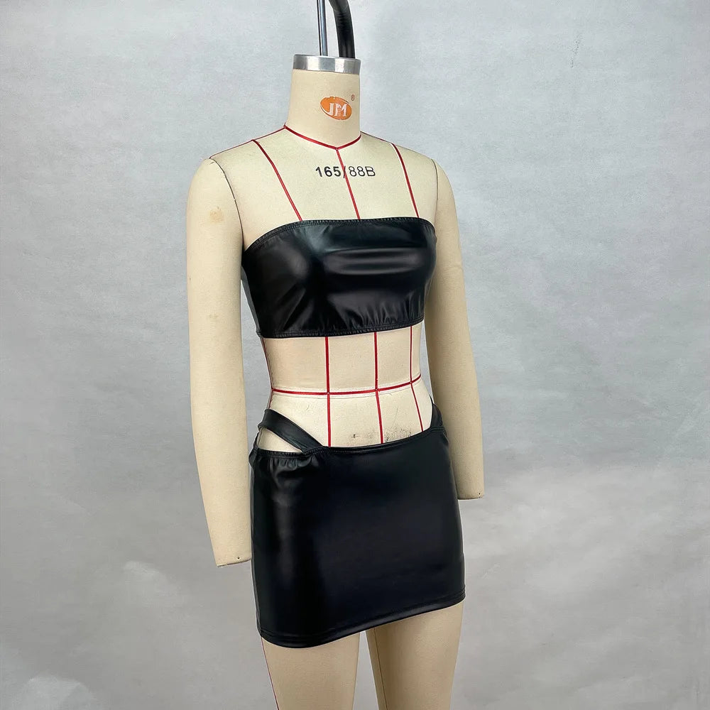 Close-up of a woman wearing a fitted, strapless short dress from Corporación Turística, showcasing its sleek design and fabric.