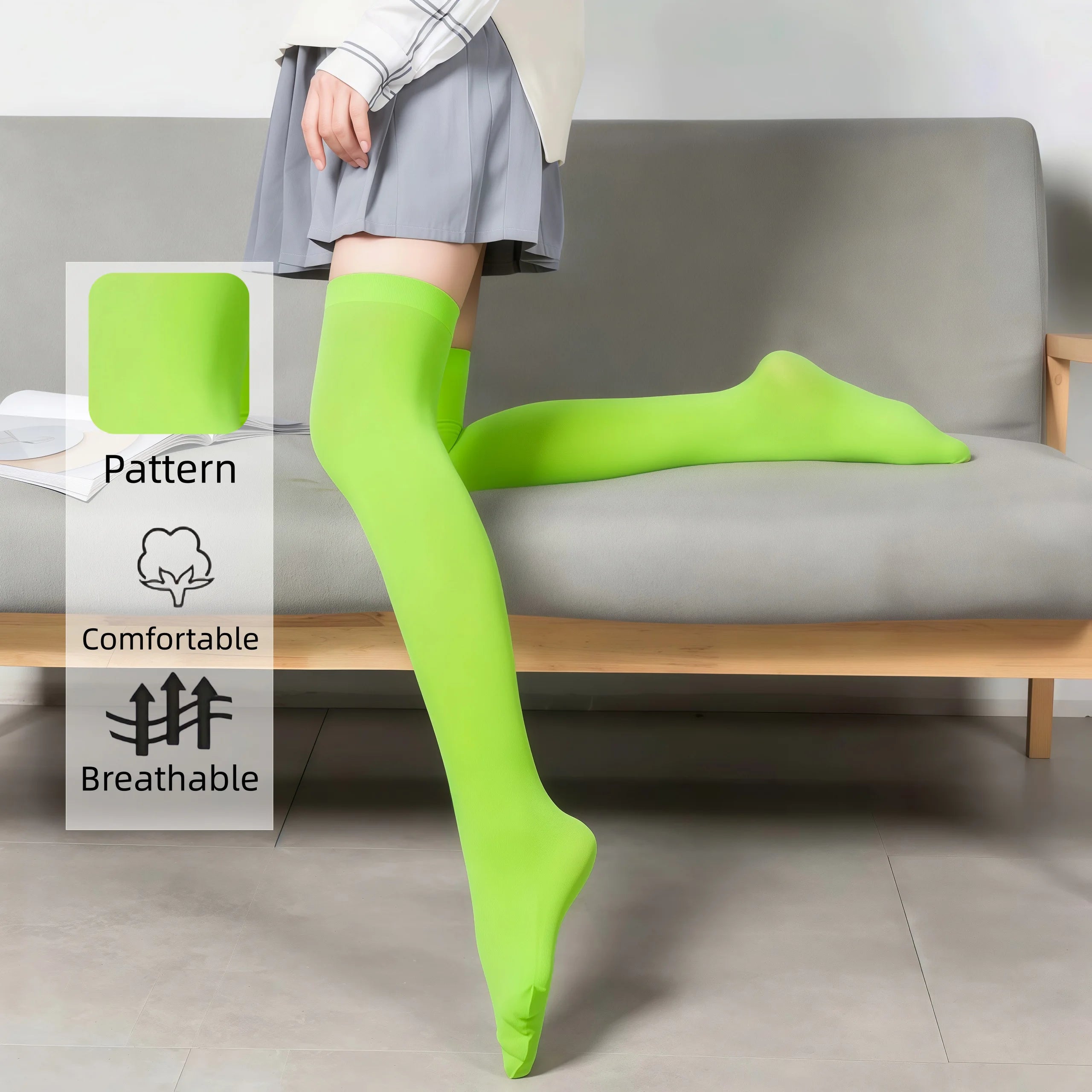 Calcetines Verdes Neón Mujer Muslo - Medias Opacas Suaves y Elásticas
