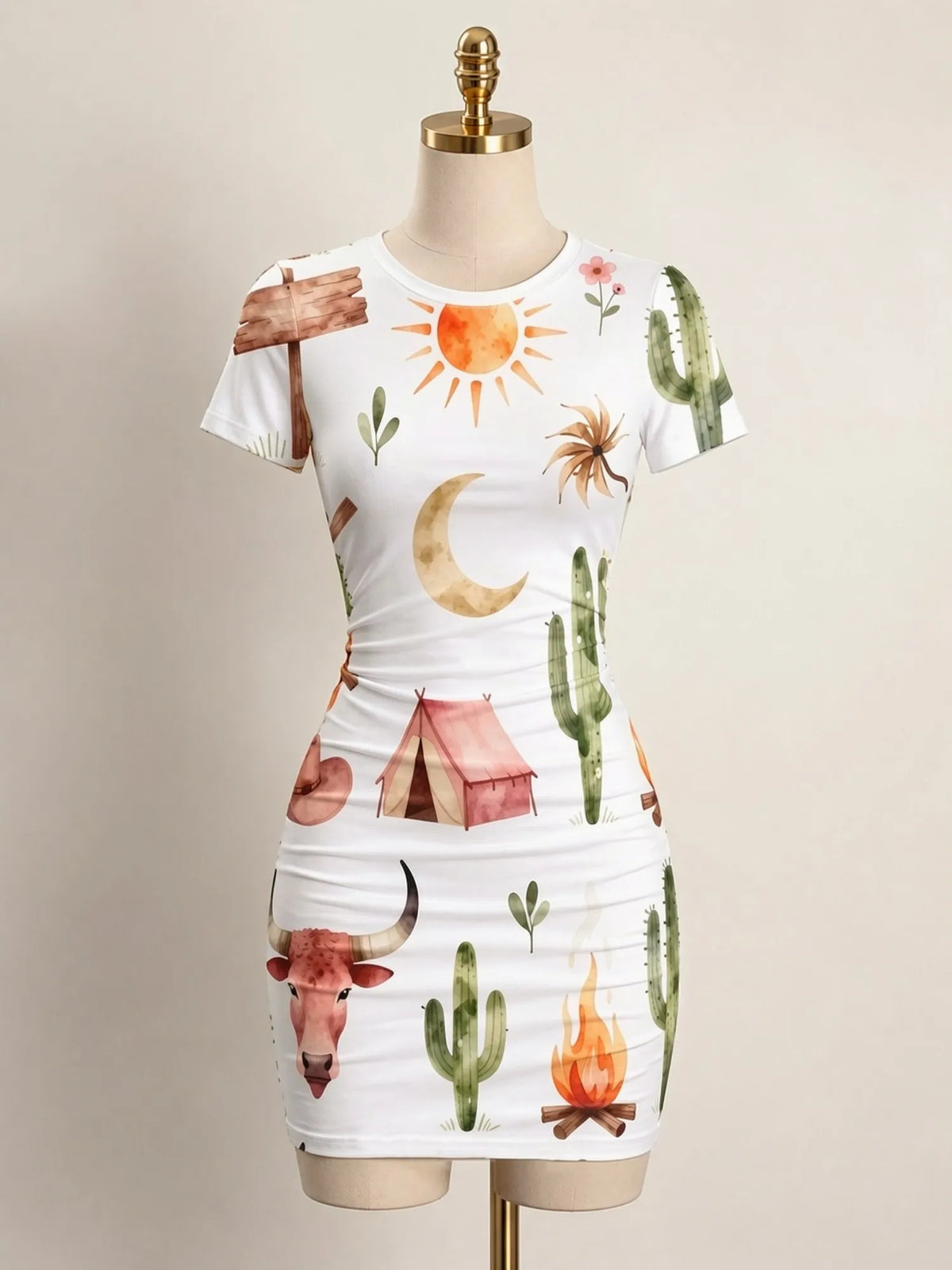 Mini fitted short-sleeve dress for women with a high neckline, from Corporación Turística, featuring a sleek, stylish design.