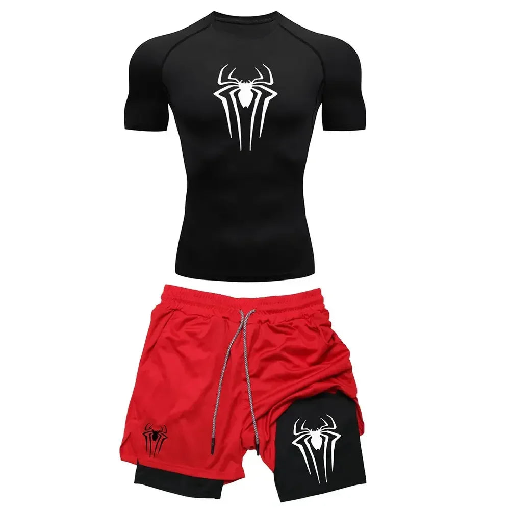 Conjunto de compresión de entrenamiento para hombre, camisetas de gimnasio con estampado de araña Y2K, pantalones cortos transpirables para correr, conjunto de ropa deportiva de secado rápido con protección contra sarpull