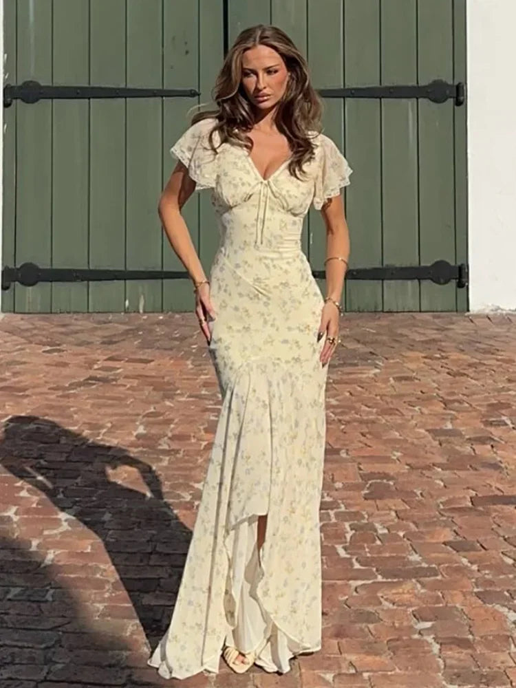 Vestido Largo Floral Volantes Cuello V Elegante Casual Verano Dama