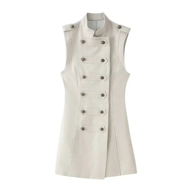 Vestido Mini Beige Cuello Alto Botonadura | Beainmmry Verano 2026