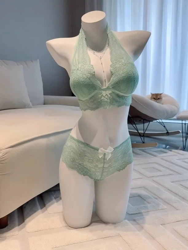 Green mint halter neck bra set by YUQI, featuring comfortable fabric and stylish design, perfect for everyday wear.