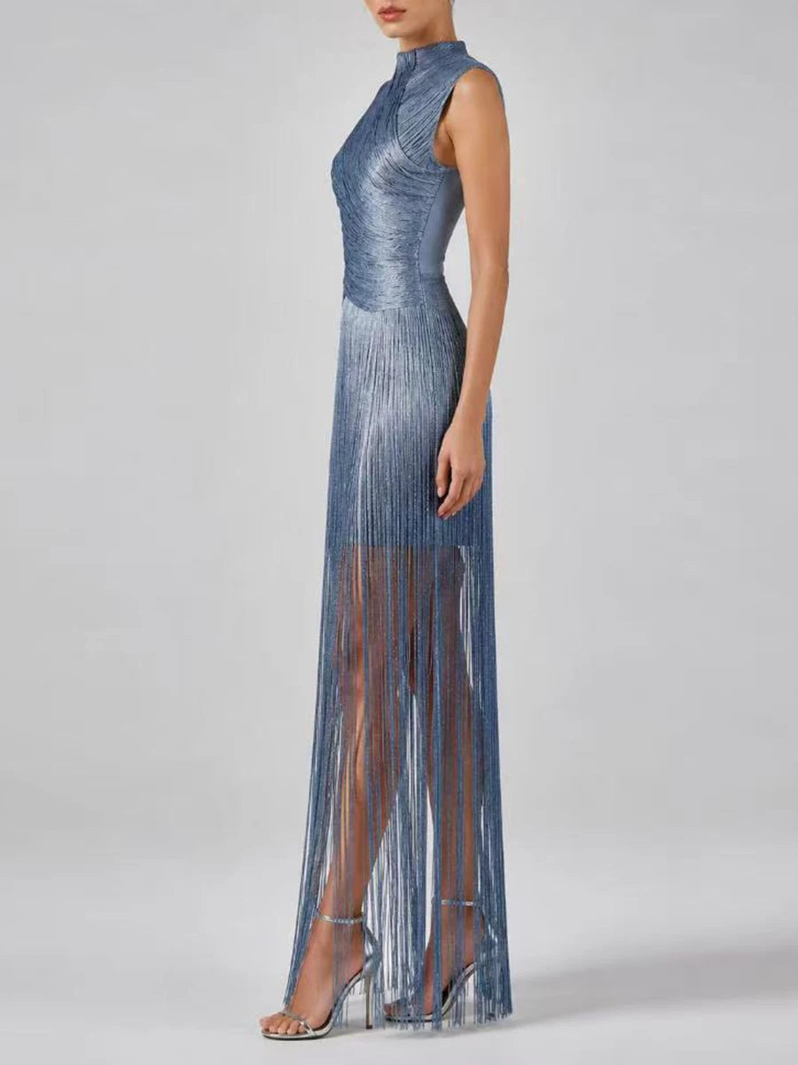 VGH Vestido Noche Azul Cuello Alto Flecos Midi Fiesta Elegante