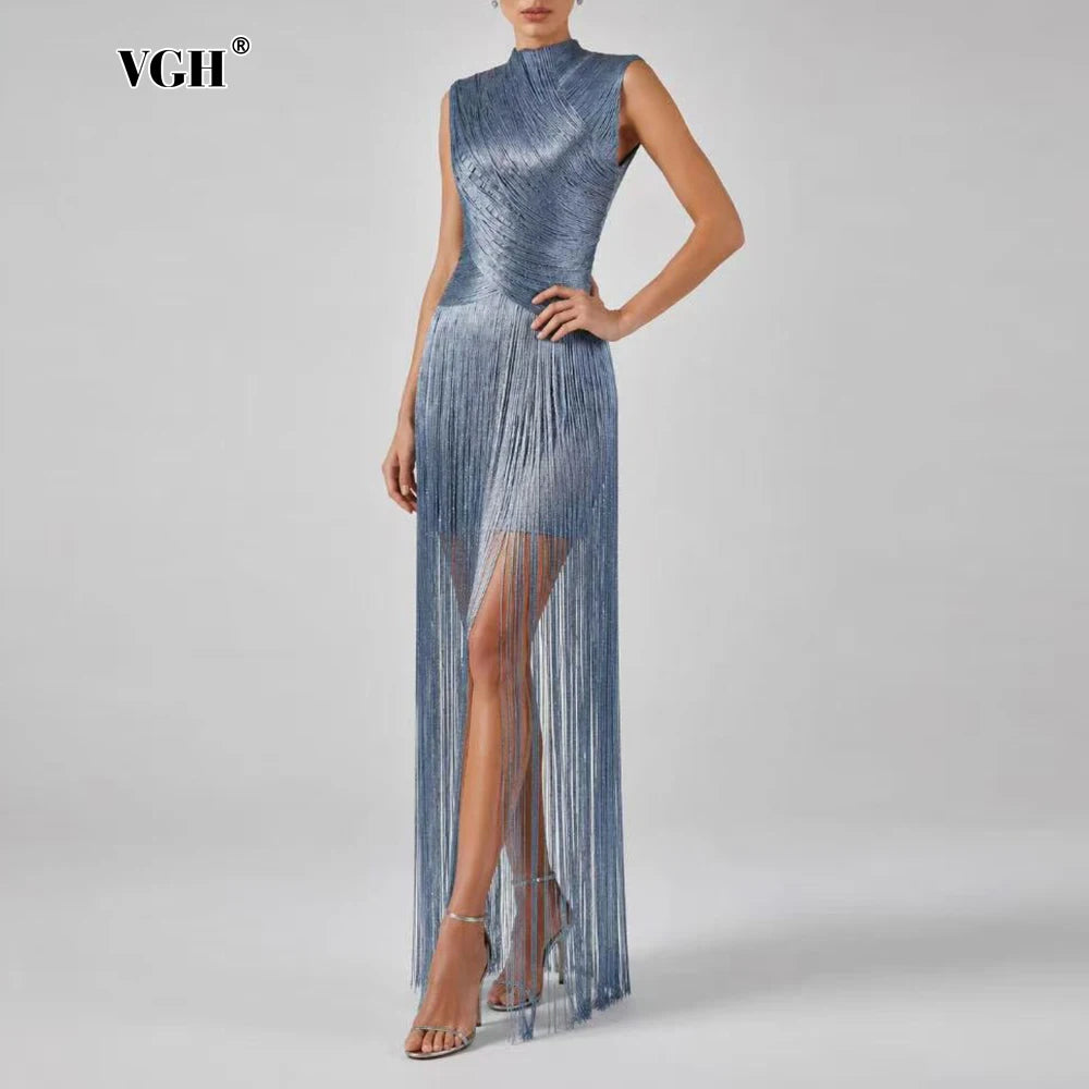 VGH Vestido Noche Azul Cuello Alto Flecos Midi Fiesta Elegante