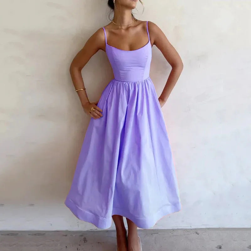 Vestido Midi Rosa Vacaciones Mujer 2026 Elegante Tirantes Finos Línea A