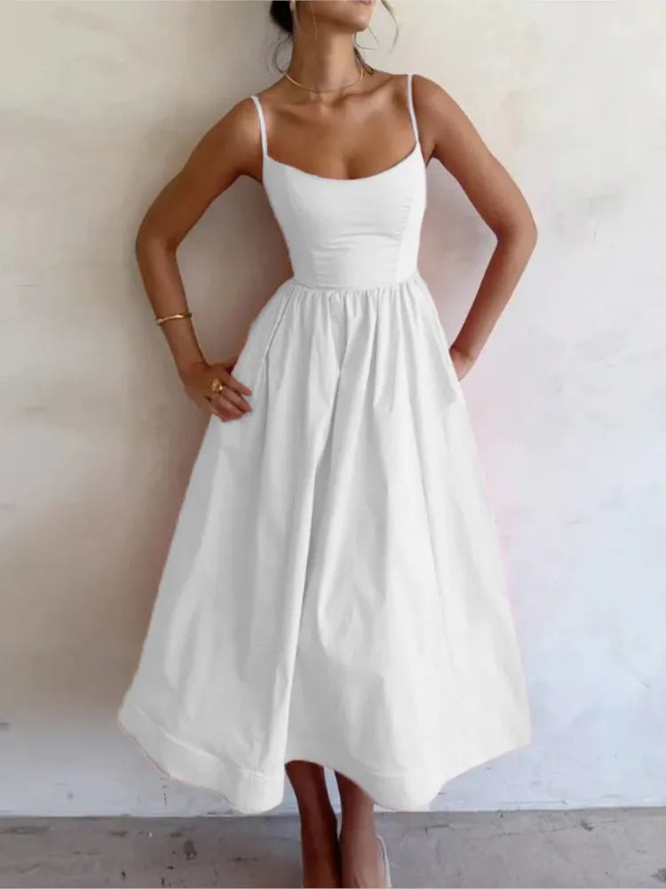Vestido Midi Rosa Vacaciones Mujer 2026 Elegante Tirantes Finos Línea A
