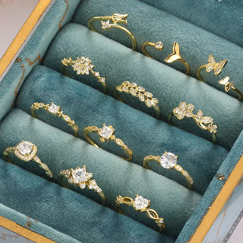 Anillos ajustables de mariposa y sirena para mujer, joyería fina de cristal dorado, accesorios de anillo de boda