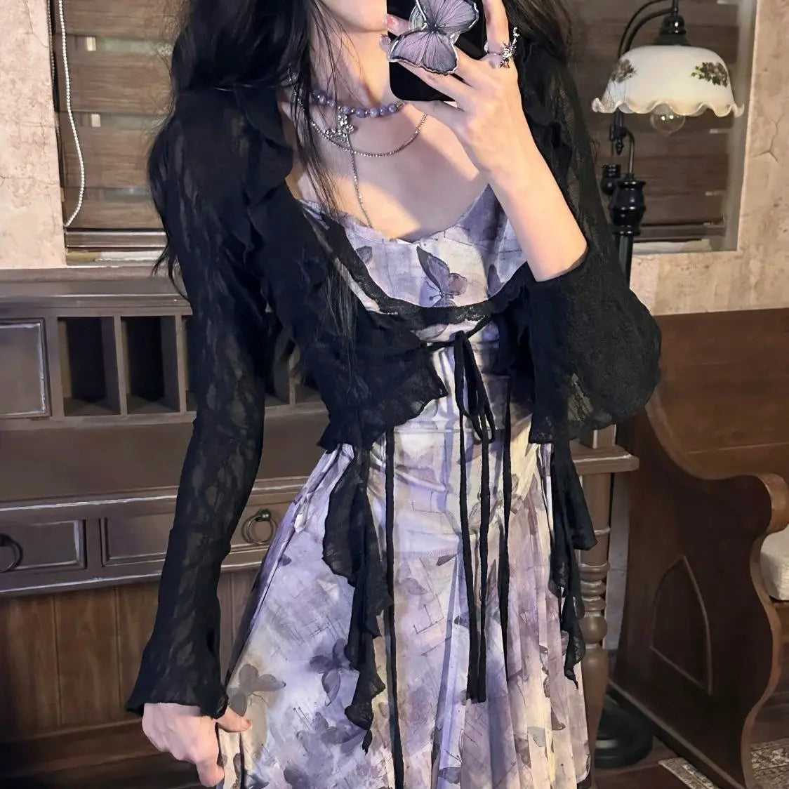 Conjunto Gasa Mariposa Vintage: Vestido Elegante Verano (2 Piezas)
