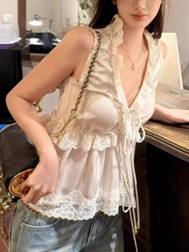 Camisola Satén Francés Volantes Sexy Cuello V Chic Coreano