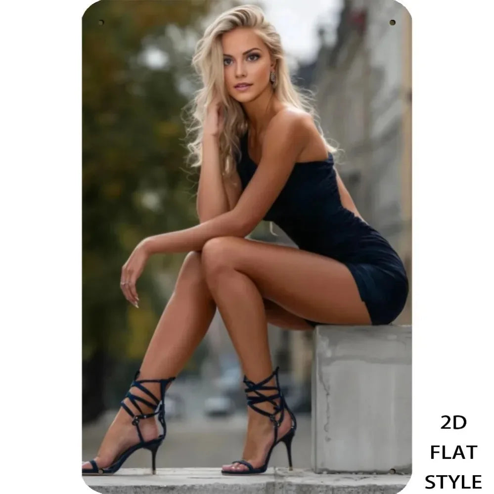 Vintage-style tin sign with a blond woman image, measures 8x12 inches, from Corporación Turística.