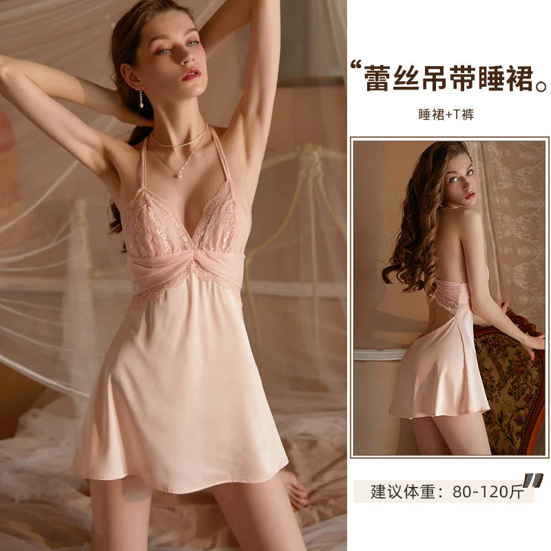 Sexy women's Xia Shen pajama with V-neck and spaghetti straps, featuring stylish and comfortable sleepwear design.