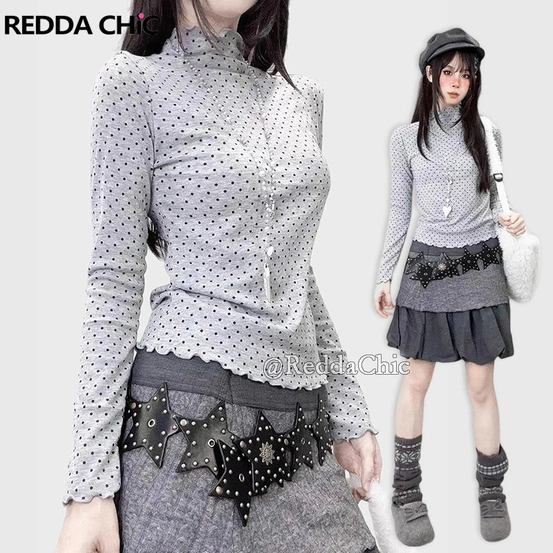 REDDA CHiC Camiseta Grunge Lunares Mujer Otoño Y2k