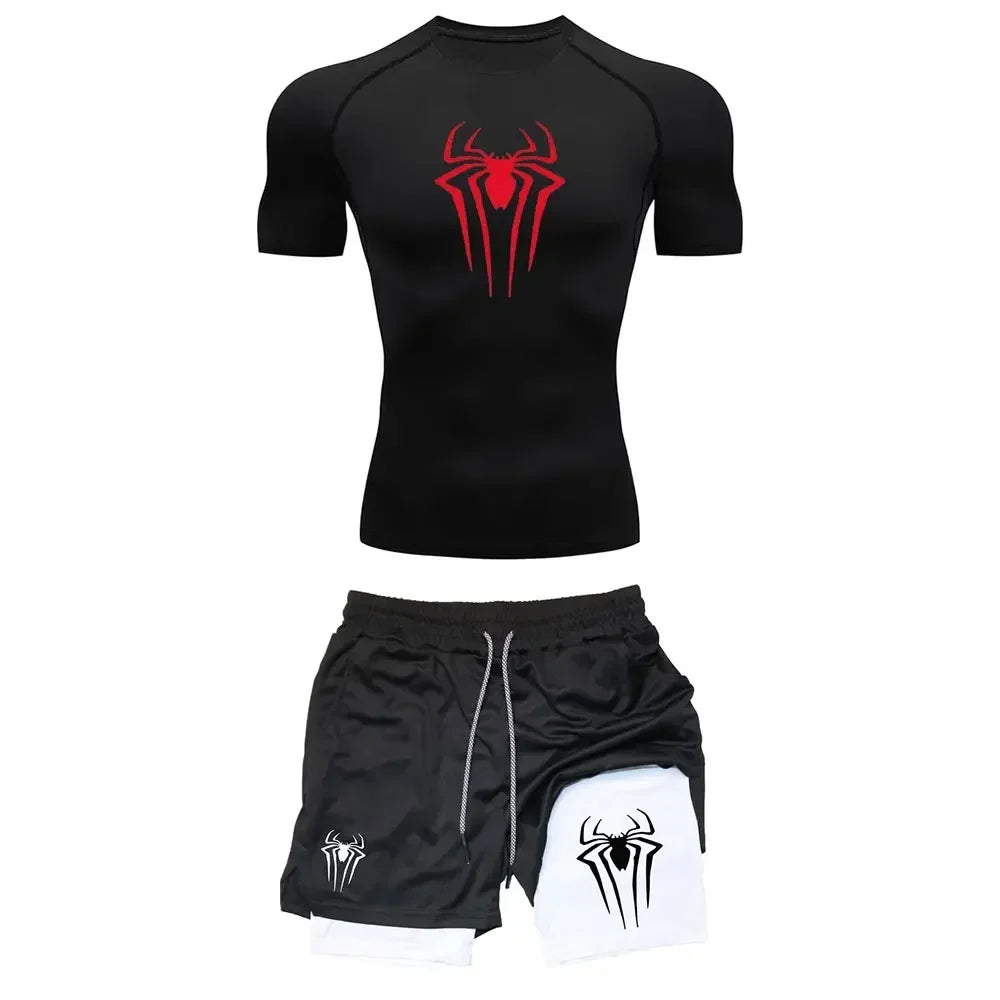 Conjunto de compresión de entrenamiento para hombre, camisetas de gimnasio con estampado de araña Y2K, pantalones cortos transpirables para correr, conjunto de ropa deportiva de secado rápido con protección contra sarpull