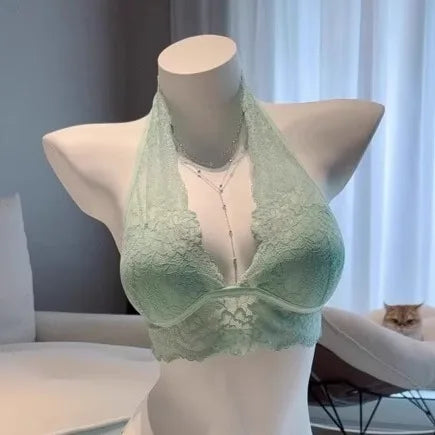 Green mint halter neck bra set by YUQI, featuring supportive cups and adjustable straps for a comfortable fit.