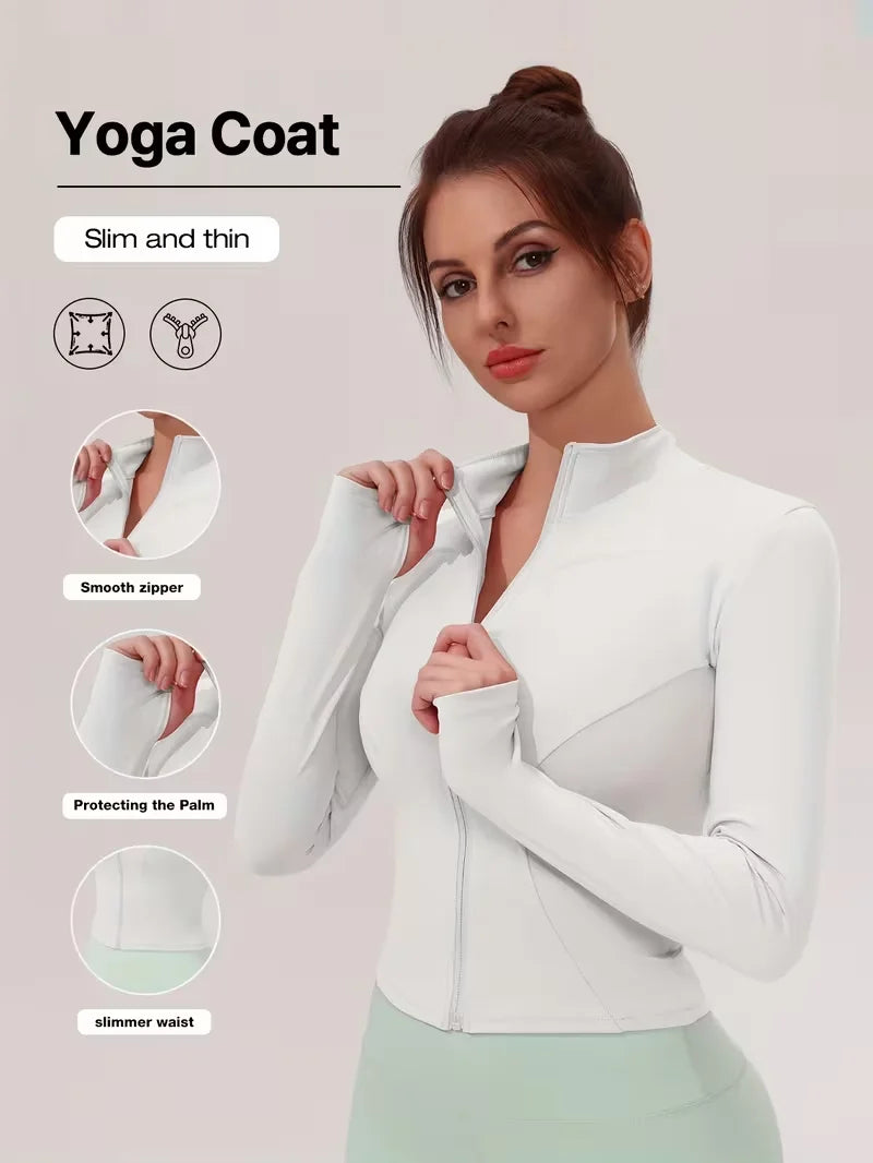 Chaqueta deportiva de cuello alto para mujer, ajustada, con cremallera, para yoga, de secado rápido, cintura delgada, para correr y hacer ejercicio, para primavera.