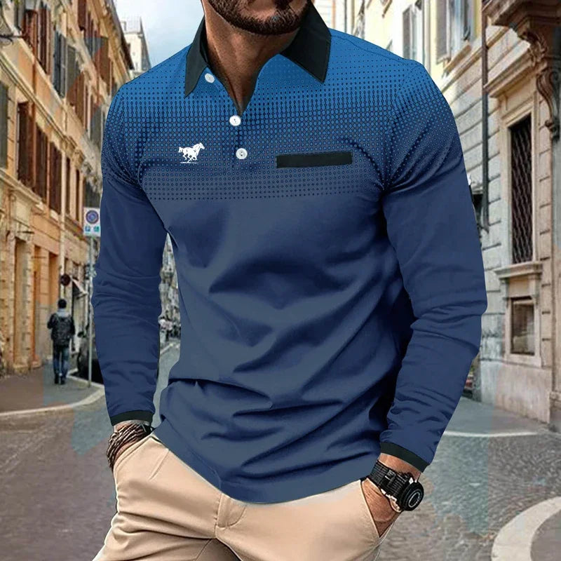 Camisa Polo Estampada Digital 3D Hombre Manga Larga Casual