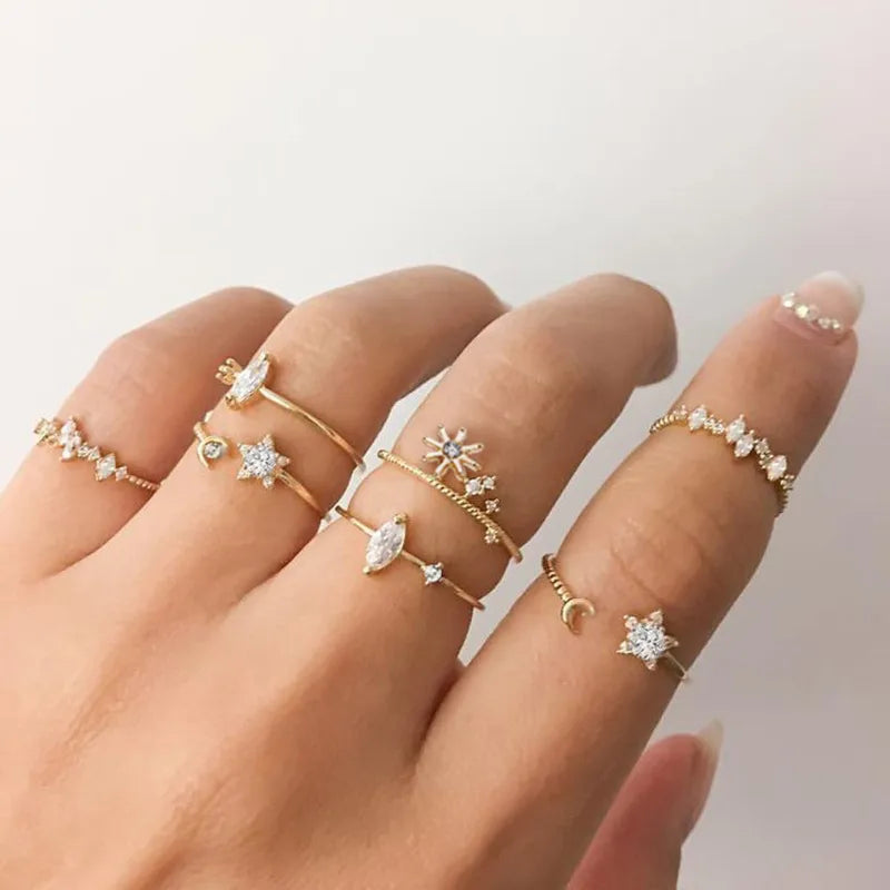 Conjunto Anillos Bohemios Circon: Modyle Oro 18K - Regalo Boda Mujer