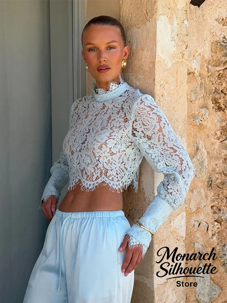 Conjunto Mujer Encaje Azul: Top Medio Alto y Pantalón Pierna Ancha