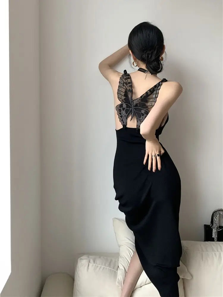 Vestido Verano Mariposas Cheerart Espalda Descubierta Negro