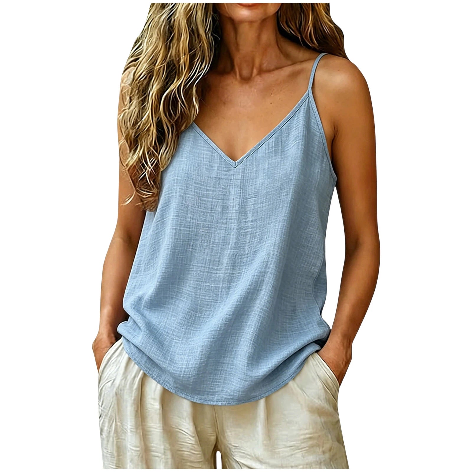 Camiseta Lino Verano Mujer | ZOMAXIUJEE | Tirantes Finos Cuello V