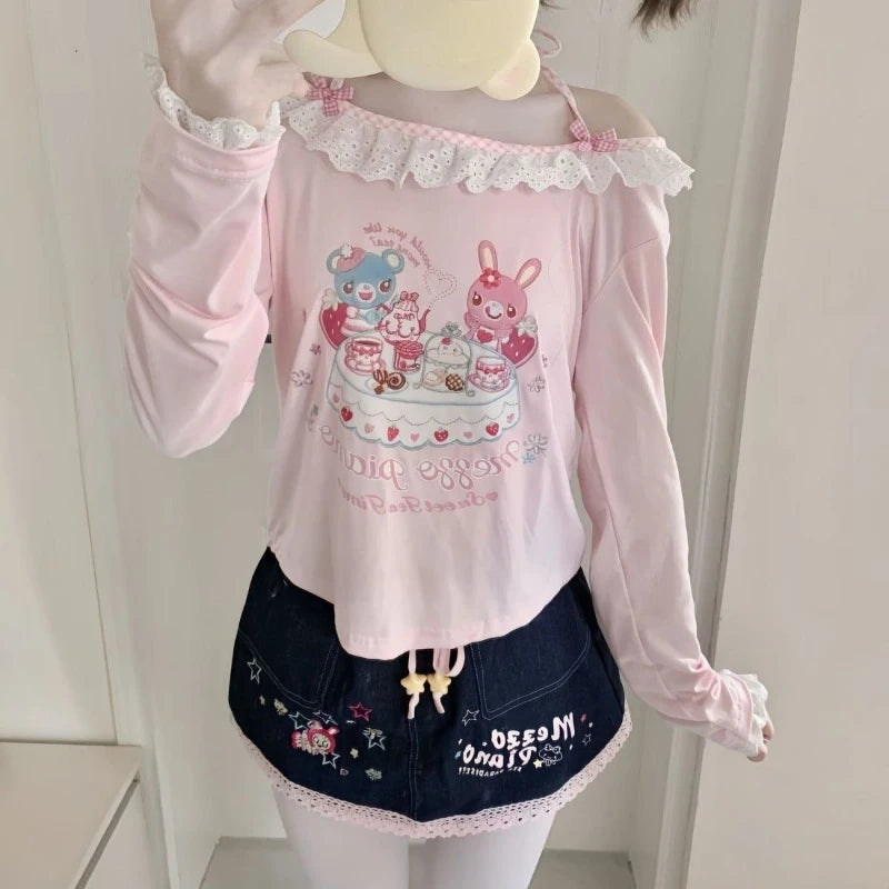 Camiseta Estética Kawaii Japonesa Y2k - Algodón/Poliéster Holgada
