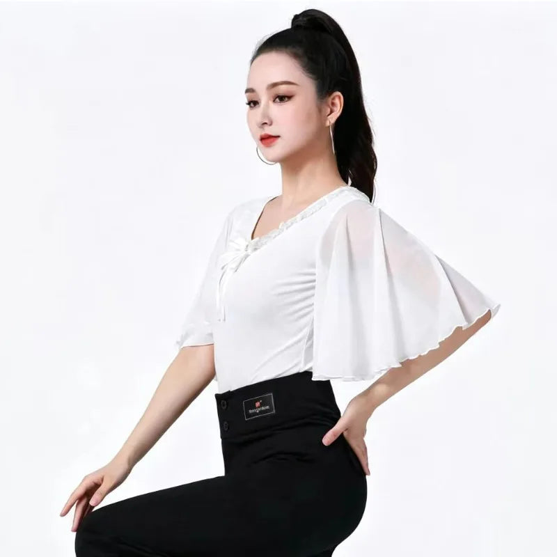 Lace top for women, modern Latin dance clothing, featuring intricate lace details, designed for stylish dance performances.