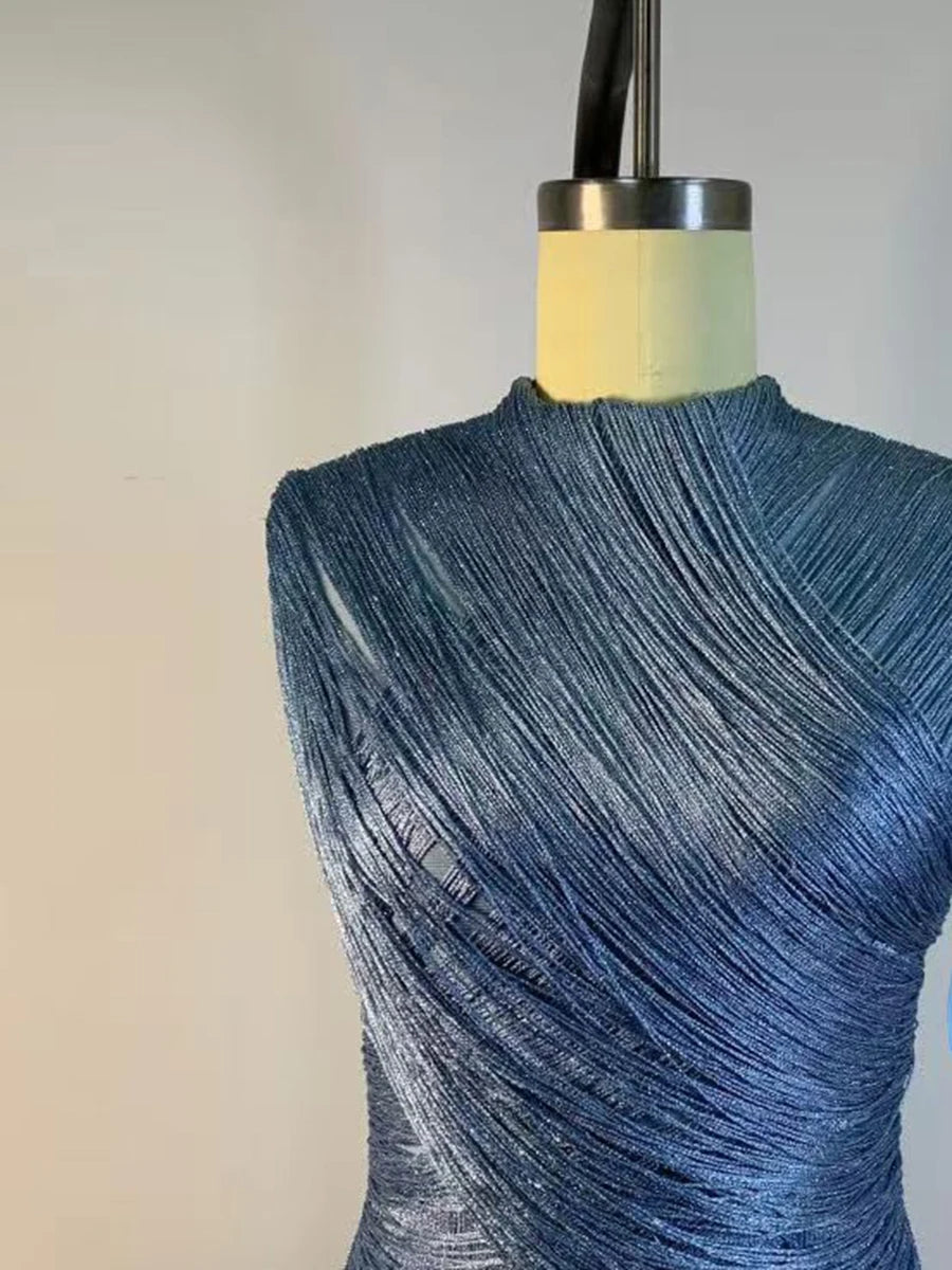 VGH Vestido Noche Azul Cuello Alto Flecos Midi Fiesta Elegante