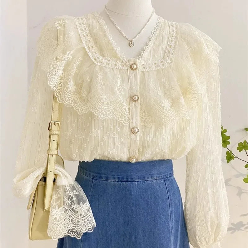 Blusa Blanca Volantes Elegante Manga Larga Mujer Oficina FLHJLWOC