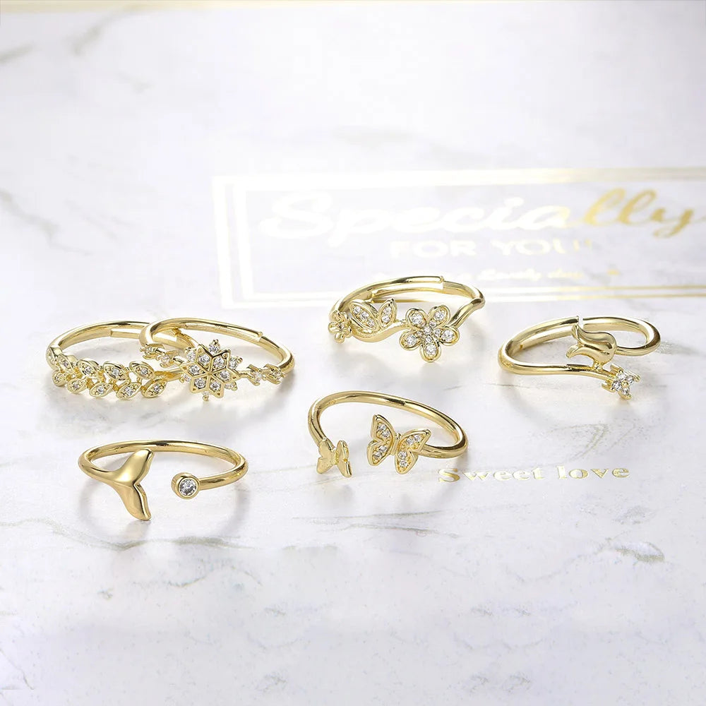 Anillos ajustables de mariposa y sirena para mujer, joyería fina de cristal dorado, accesorios de anillo de boda