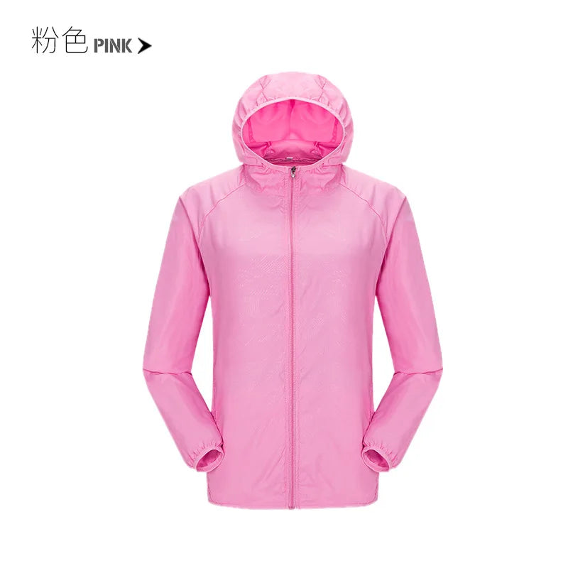 Lightweight waterproof camping rain jacket for men and women by Corporación Turística, showing the rainproof fabric and adjustable hood.