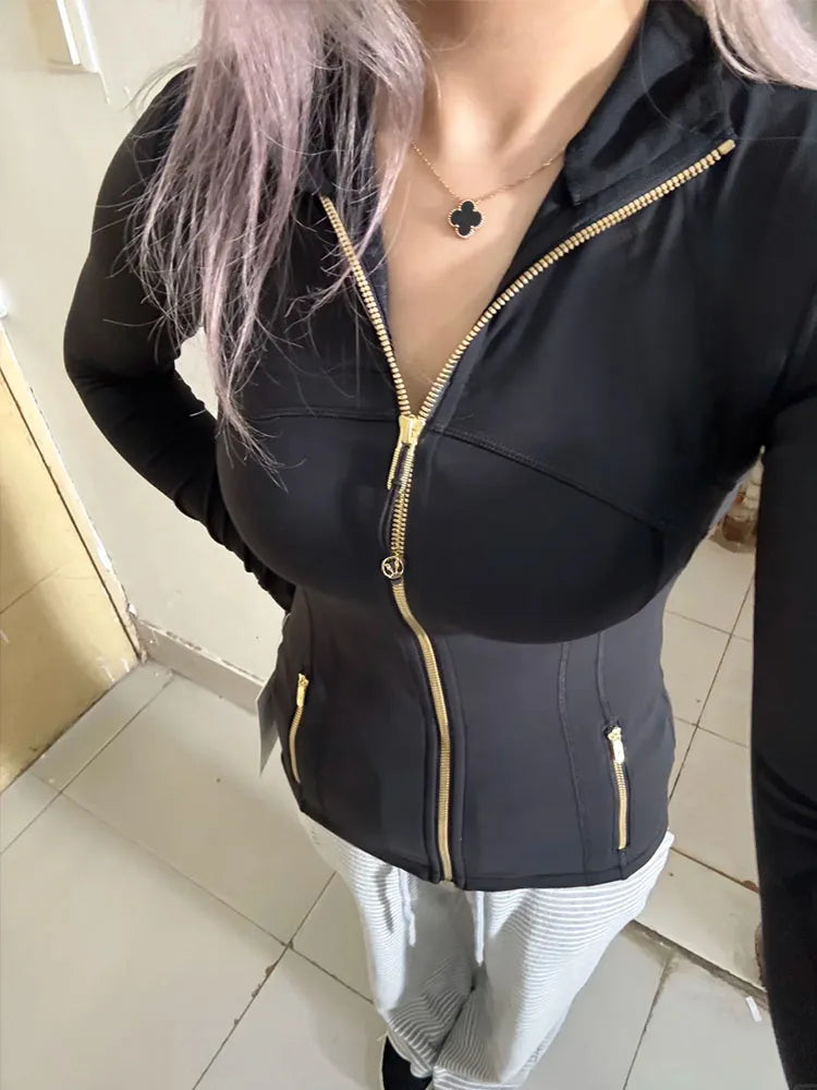 Chaqueta de yoga para mujer con cremallera dorada, chaqueta deportiva con cuello alto, top adelgazante para fitness