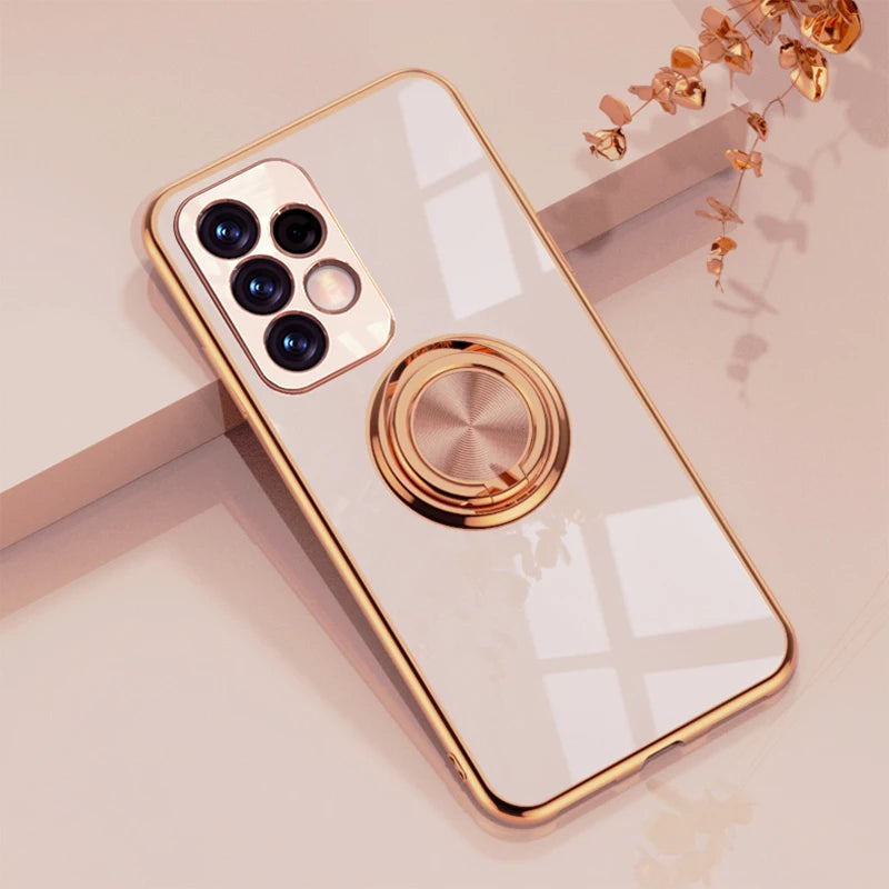 Metal ring phone case with built-in stand, durable cover for smartphone, designed for secure grip and easy viewing.