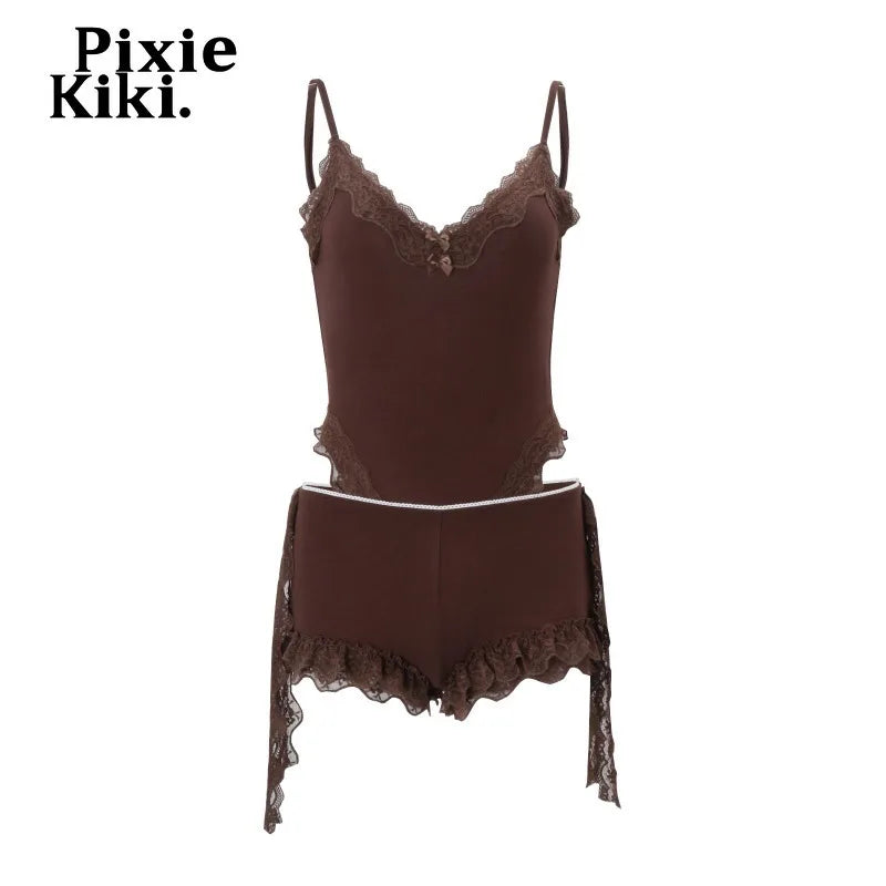 Conjunto PixieKiki Mujer: Body Encaje y Shorts Verano 2026 (Marrón)