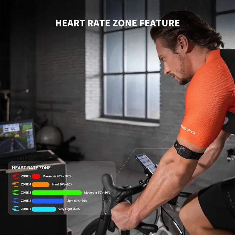 COOSPO HW9 HRM Sensor Brazalete Monitor de Ritmo Cardíaco con Zonas HR/Calorias para Fitness Running BLE5.0 ANT+ para Peloton,Zwift,Wahoo