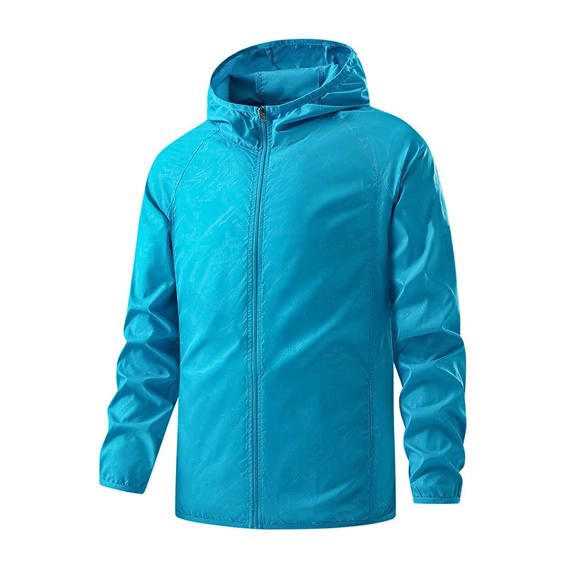 Unisex hiking jacket by Corporación Turística, waterproof and windproof, with adjustable hood and front zipper for outdoor protection.