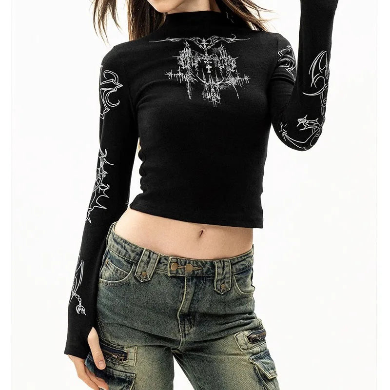 Camiseta Grunge Y2K Mujer Cuello Alto Gráfica - Estilo Emo Punk