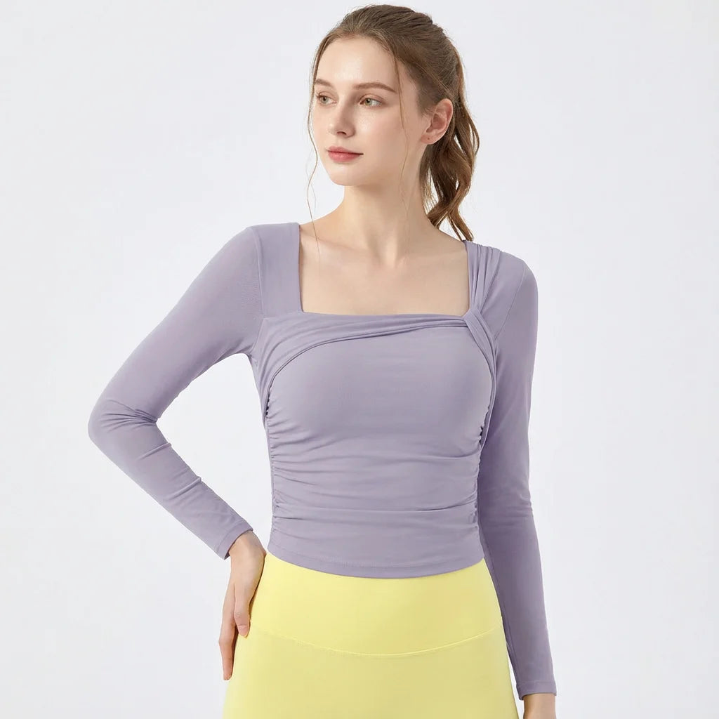 Camisa de Yoga de manga larga acolchada para mujer, Top corto, camisa de gimnasio de malla Sexy, camiseta de entrenamiento para correr, deportes de Fitness, ropa de Pilates