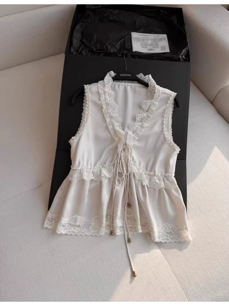 Camisola Satén Francés Volantes Sexy Cuello V Chic Coreano