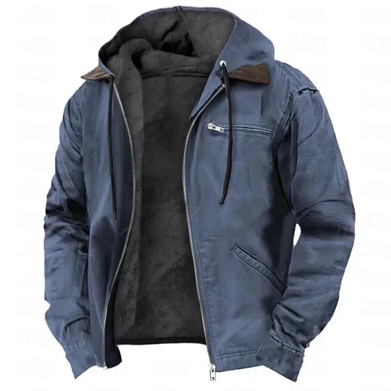 Chaqueta Invierno Hombre Lana Capucha Bolsillo Cremallera Cálida
